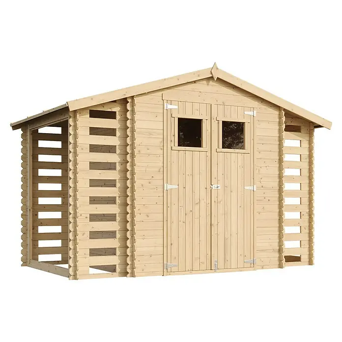 Timbela Gerätehaus M391 - Außenmaß inkl. Dachüberstand (B x T): 328 x 206 cm, Holz, Natur, Ohne Fußboden - Ein naturbelassenes Holzgartenhaus mit Doppeltür und seitlichen Regalen bietet viel Stauraum für Gartengeräte und Werkzeug.