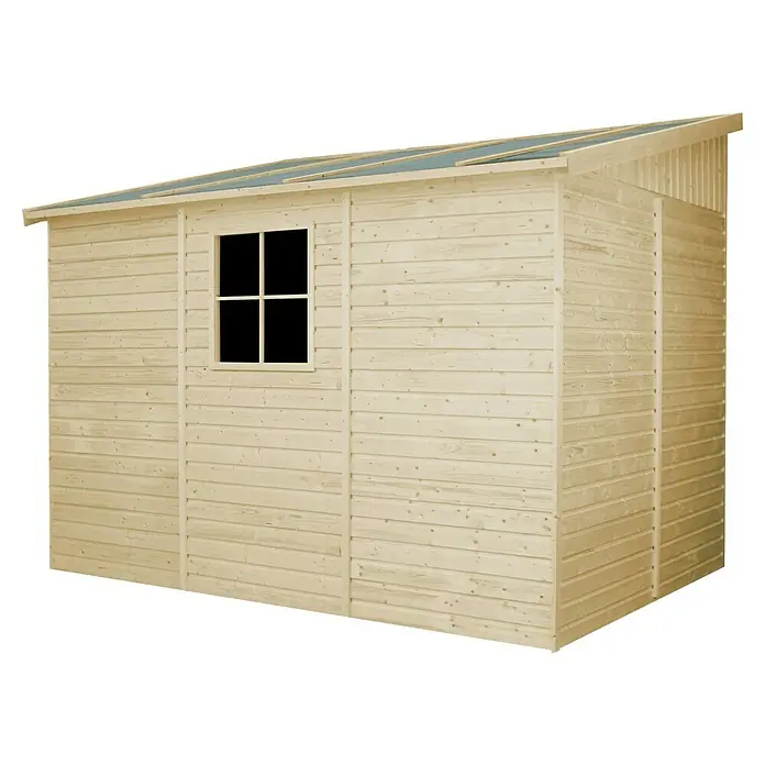 Timbela Gerätehaus M339A - Außenmaß inkl. Dachüberstand (B x T): 218 x 318 cm, Holz, Natur, Ohne Fußboden - Ansicht eines Holzgartenschuppens mit Fenster und Pultdach. Das Schuppen bietet viel Stauraum für Gartengeräte und Werkzeuge.