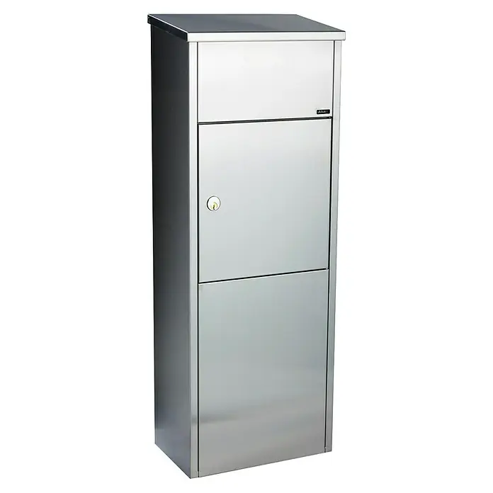 Allux Paketbox 600 - L x B x H: 230 x 380 x 1.050 mm, Silber, Stahl, Paketfach, Sicherheitsschloss - Abbildung eines Allux Paketbriefkastens aus Edelstahl mit abschließbarer Tür zur sicheren Aufbewahrung von Paketen.