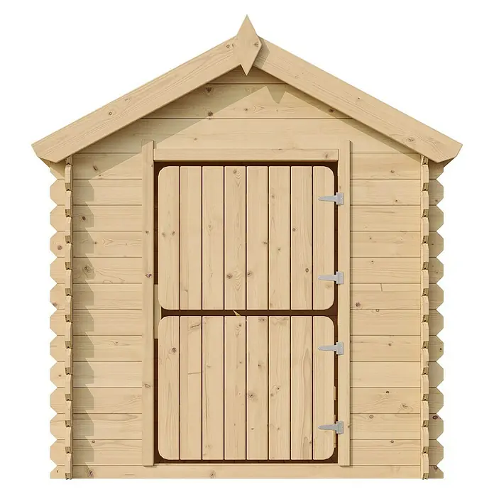 Timbela Spielhaus M516 - L x B x H: 112 x 146 x 145 cm, Holz, Natur - Abbildung eines Holzgartenschuppens mit Doppeltür. Perfekt für die Aufbewahrung von Gartengeräten und Werkzeugen.