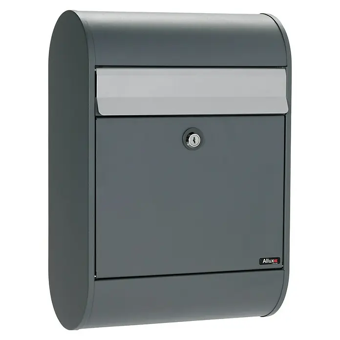 Allux Standbriefkasten 5000 - L x B x H: 160 x 320 x 460 mm, Anthrazit, Stahl - Nahaufnahme eines modernen, grauen Allux Briefkastens mit silbernem Einwurfschlitz und Schloss.