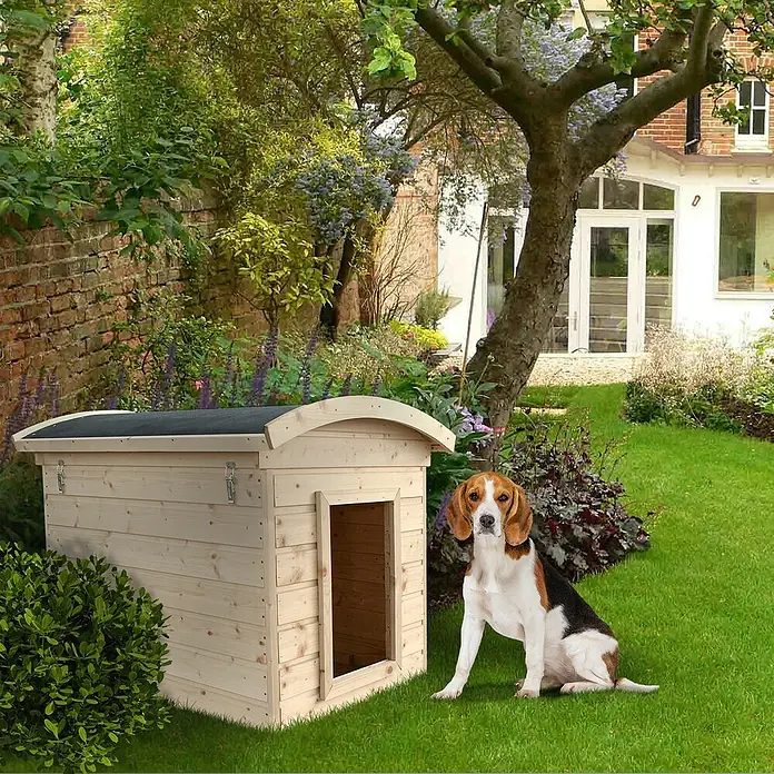 Timbela Hundehütte M405-1 - 90 x 73 x 85 cm, Holz, Natur - Ein geräumiges Hundehaus aus Holz mit einem niedlichen Beagle davor, perfekt für den Garten.
