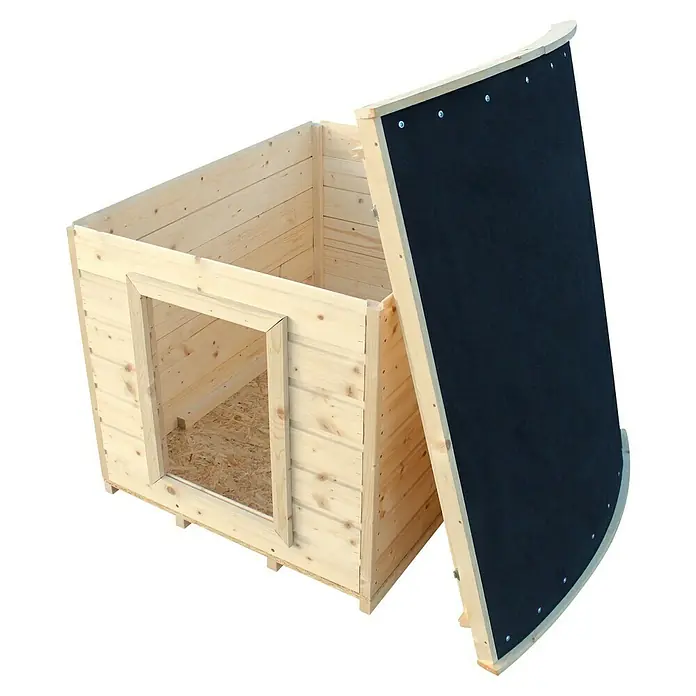 Timbela Hundehütte M405-1 - 90 x 73 x 85 cm, Holz, Natur - Unlackiertes Hundehaus mit einer schwarzen, gebogenen Rückwand. Das Hundehaus ist aus Holz gefertigt und hat eine Türöffnung.