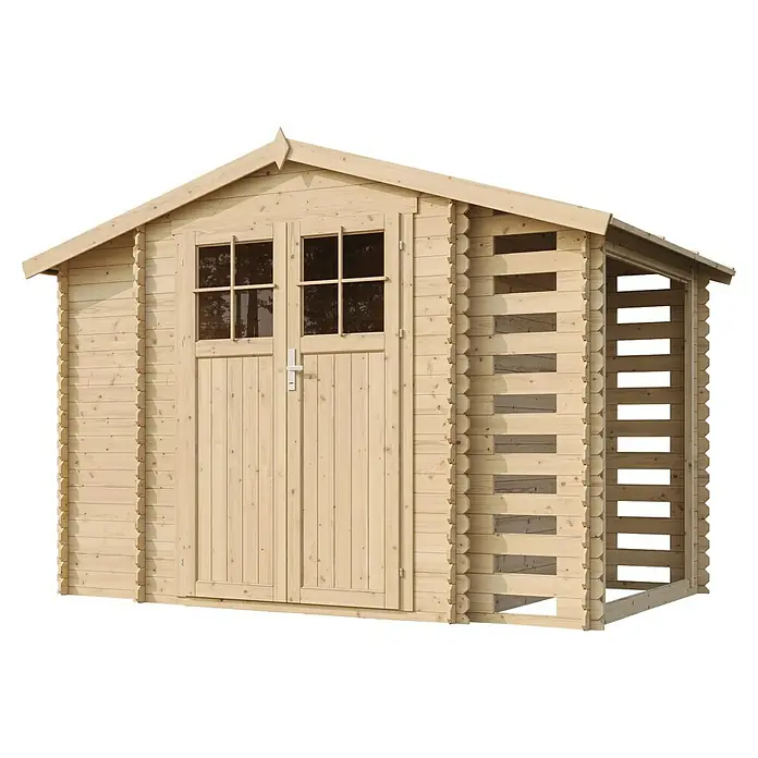 Timbela Gerätehaus M389F - Außenmaß inkl. Dachüberstand (B x T): 328 x 206 cm, Holz, Natur, Ohne Fußboden - Helle Holzgartenhütte mit Doppeltüren und Fenstern. Ein vielseitiges Gartenhaus aus Holz für zusätzlichen Stauraum im Freien.