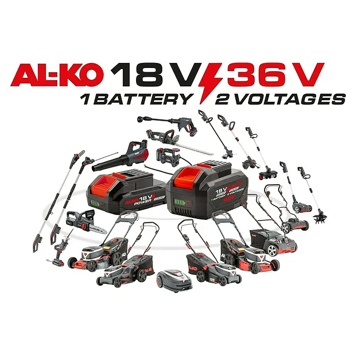 AL-KO 18V/36V Akku-Rasenlüfter ARD 1835 - Anzahl Akkus: 1 Akku, 2,5 Ah, Arbeitsbreite: 35 cm - Abbildung einer Auswahl an AL-KO Gartengeräten, die mit einem 18V/36V Akku betrieben werden können.