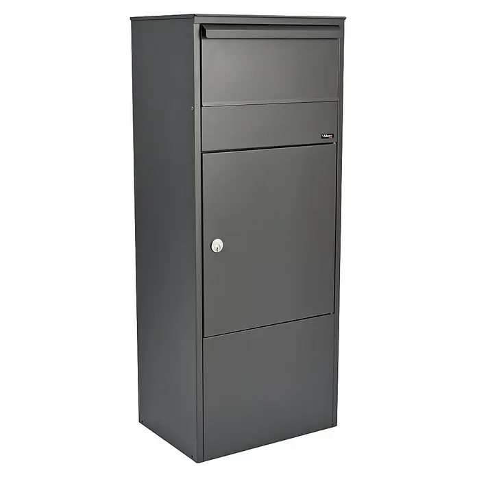 Allux Paketbox 800 - L x B x H: 280 x 390 x 980 mm, Anthrazit, Stahl, Paketfach, Entnahme: Vorne - Ein grauer Allux Paketbriefkasten mit einem Briefschlitz oben und einer abschließbaren Tür unten, ideal für die sichere Zustellung von Post und Paketen.