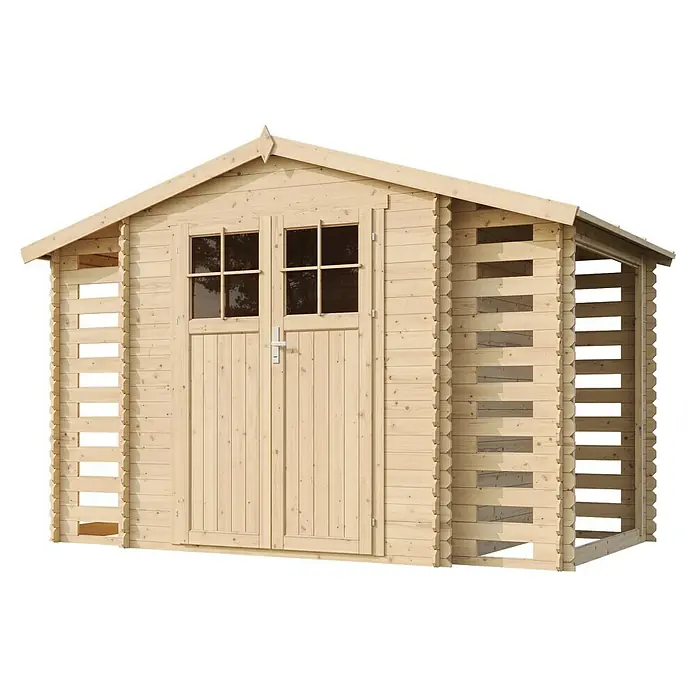 Timbela Gerätehaus M391F - 328 x 206 cm, Holz, Natur, Ohne Fußboden - Bild eines hellen Holzgartenhauses mit Doppeltüren, Fenstern und einem offenen Lagerbereich. Das Gartenhaus bietet viel Stauraum für Gartengeräte.