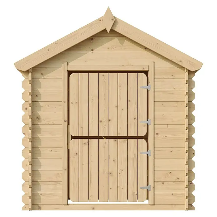 Timbela Spielhaus - L x B x H: 112 x 146 x 143 cm, Holz, Natur - Ein detailreiches Bild eines Holzgartenschuppens mit einer zweigeteilten Tür und einem markanten Giebeldach. Ideal für die Gartenaufbewahrung.