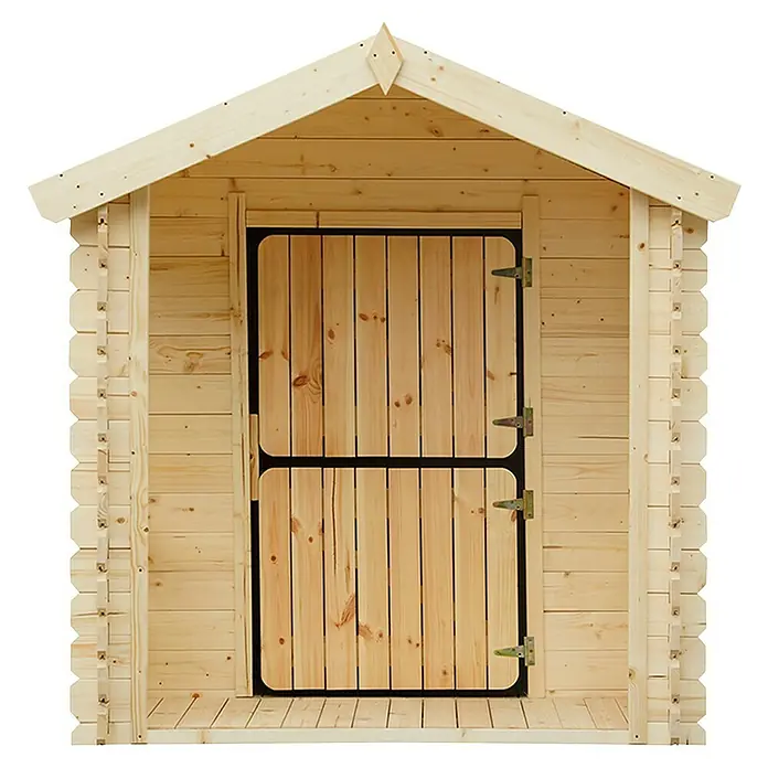 Timbela Spielhaus M501 - L x B x H: 182 x 146 x 145 cm, Holz, Natur - Ein helles Holzgartenhaus mit einer zweigeteilten Tür. Ideal für die Lagerung von Gartengeräten und Zubehör.
