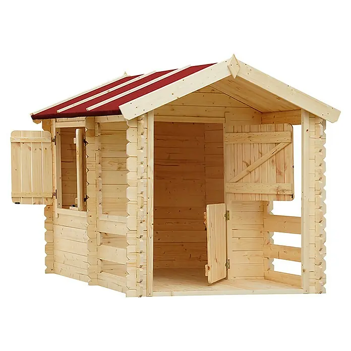 Timbela Spielhaus M501 - L x B x H: 182 x 146 x 145 cm, Holz, Natur - Dieses Bild zeigt ein Blockhaus-Spielhaus aus hellem Holz mit einem roten Dach. Fenster und Tür sind offen.