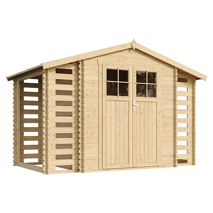 Timbela Gerätehaus M391F - 328 x 206 cm, Holz, Natur, Ohne Fußboden - Abbildung eines Holzgartenhauses mit Doppeltür und offenen Seitenwänden, ideal für die Lagerung von Gartenartikeln und Werkzeugen.