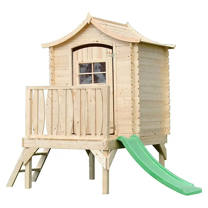 Timbela Spielhaus - L x B x H: 112 x 146 x 212 cm, Holz, Natur - Holzspielhaus mit Rutsche und Geländer, ideal für Kinder zum Spielen und Entdecken im Garten. Das perfekte Outdoor-Spielzeug für aktive Kinder.