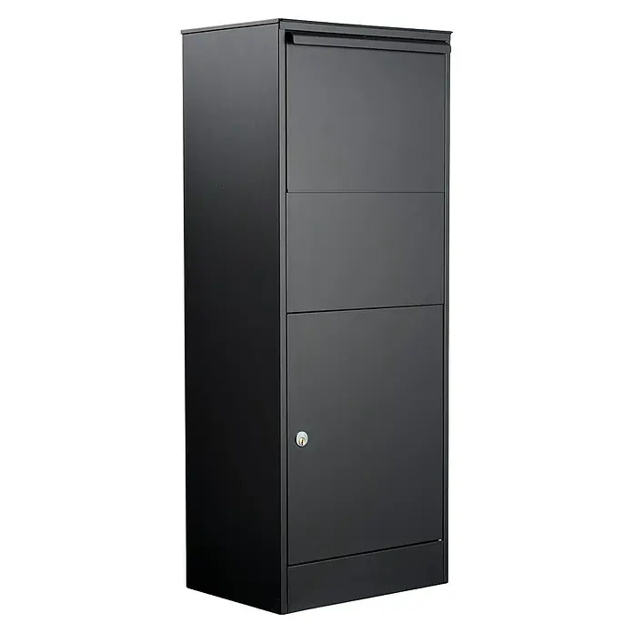 Allux Paketbox 800 Large - L x B x H: 320 x 450 x 115 mm, Schwarz, Stahl, Paketfach - Ein grauer Wäscheschrank mit einem Schlüsselloch, der Funktionalität und diskreten Stil für die Aufbewahrung von Wäsche bietet.