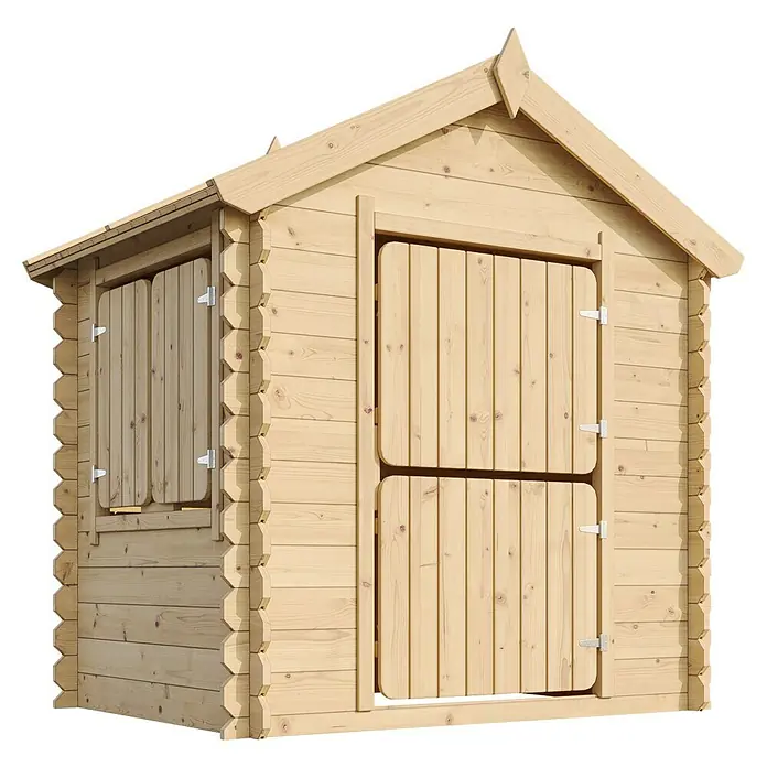 Timbela Spielhaus - L x B x H: 112 x 146 x 143 cm, Holz, Natur - Hölzernes Spielhaus mit Fenster und zweigeteilter Tür für Kinder zum Spielen im Garten.