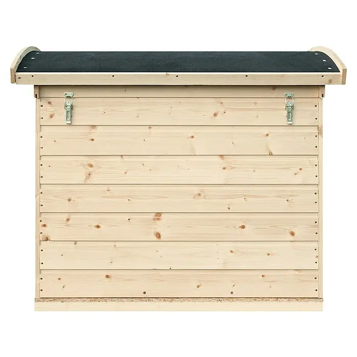 Timbela Hundehütte M405-1 - 90 x 73 x 85 cm, Holz, Natur - Holzschuppen mit Lattenmuster und schwarzem Dach, ideal zur Aufbewahrung im Garten. Zwei Verschlüsse sorgen für die Sicherheit des Inhalts.