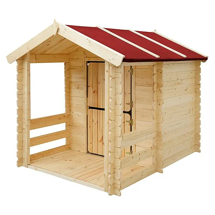 Timbela Spielhaus M501 - L x B x H: 182 x 146 x 145 cm, Holz, Natur - Ein detailreiches Bild eines Holzspielhauses mit rotem Dach, das zum Spielen im Garten einlädt.