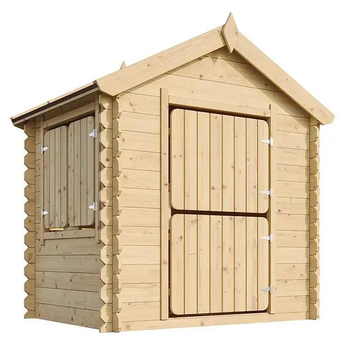 Timbela Spielhaus M516 - L x B x H: 112 x 146 x 145 cm, Holz, Natur - Holzlagerhaus mit Doppeltür und Fenster, ideal für Gartengeräte oder als Spielhaus für Kinder. Robuste Bauweise und natürliche Optik.