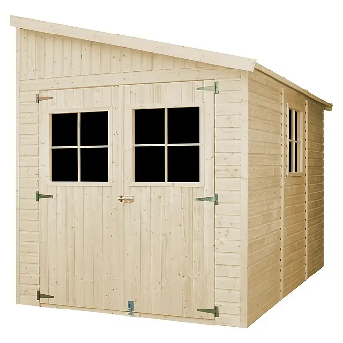 Timbela Gerätehaus M339A - Außenmaß inkl. Dachüberstand (B x T): 218 x 318 cm, Holz, Natur, Ohne Fußboden - Ein helles Holzgartenhaus mit Doppeltüren und Fenstern unter einem schrägen Dach. Das Gartenhaus bietet Stauraum für Gartengeräte.