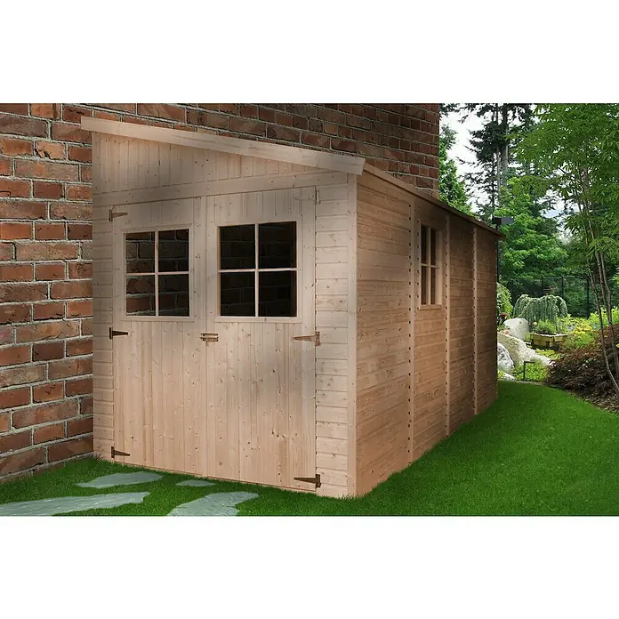 Timbela Gerätehaus M340 - Außenmaß inkl. Dachüberstand (B x T): 216 x 416 cm, Holz, Natur, Ohne Fußboden - Ein geräumiges Gartenhaus aus hellem Holz mit Doppeltüren und Fenstern, ideal für die Aufbewahrung von Gartengeräten und mehr.