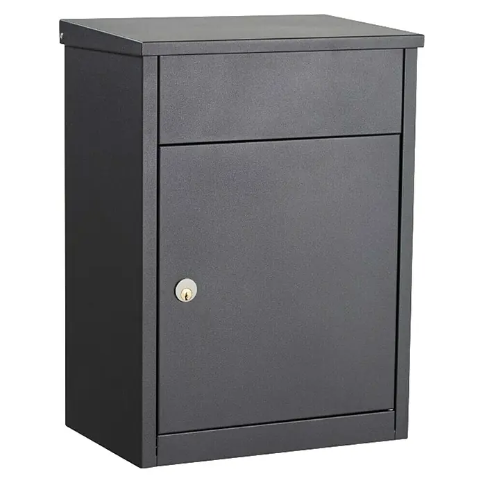 Allux Standbriefkasten 500 - L x B x H: 250 x 380 x 530 mm, Anthrazit, Stahl, Paketfach, Sicherheitsschloss - Bild einer grauen abschließbaren Briefbox für Wandmontage, ideal zur sicheren Aufbewahrung von Post und Paketen.