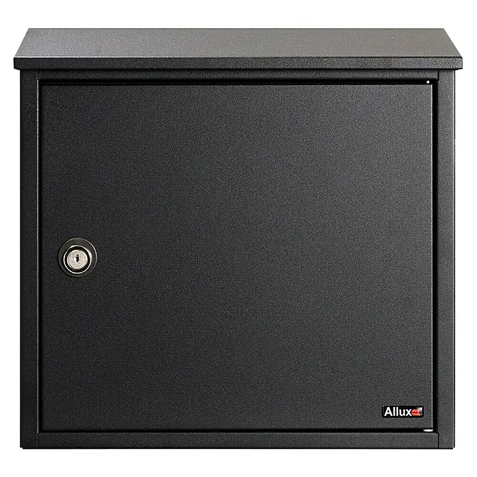 Allux Standbriefkasten 400 - L x B x H: 15 x 360 x 355 mm, Schwarz, Stahl - Bild eines schwarzen Allux Briefkastens mit Schloss, der sich ideal für den Aussenbereich eignet.