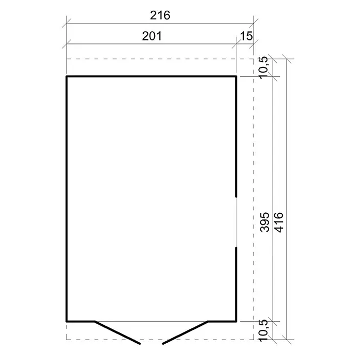 Timbela Gerätehaus M340 - Außenmaß inkl. Dachüberstand (B x T): 216 x 416 cm, Holz, Natur, Ohne Fußboden - Detaillierte Skizze eines Gerätehauses mit präzisen Maßangaben, ideal für Gartenliebhaber und Handwerker zur Planung ihres Projekts.