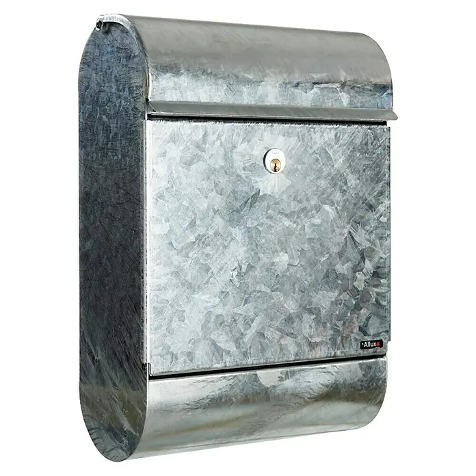 Allux Standbriefkasten 9000 - L x B x H: 165 x 340 x 500 mm, Silber, Stahl - Ein robuster, silberfarbener Allux-Briefkasten aus Metall mit Schloss für sichere Postzustellung.