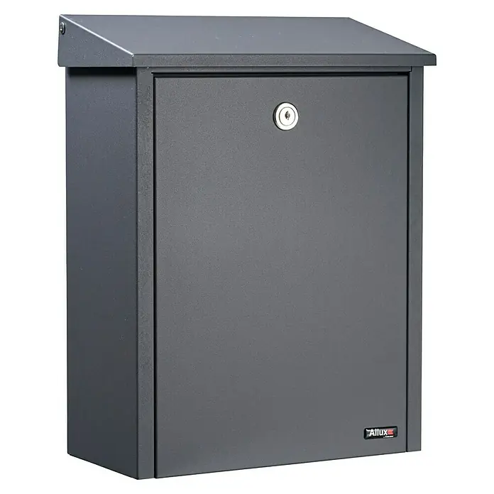 Allux Briefkasten 200 - L x B x H: 140 x 280 x 390 mm, Anthrazit, Stahl - Ein grauer Allux Briefkasten mit einem Schloss in der Mitte der Tür und einem geneigten Dach zum Schutz vor Regen.