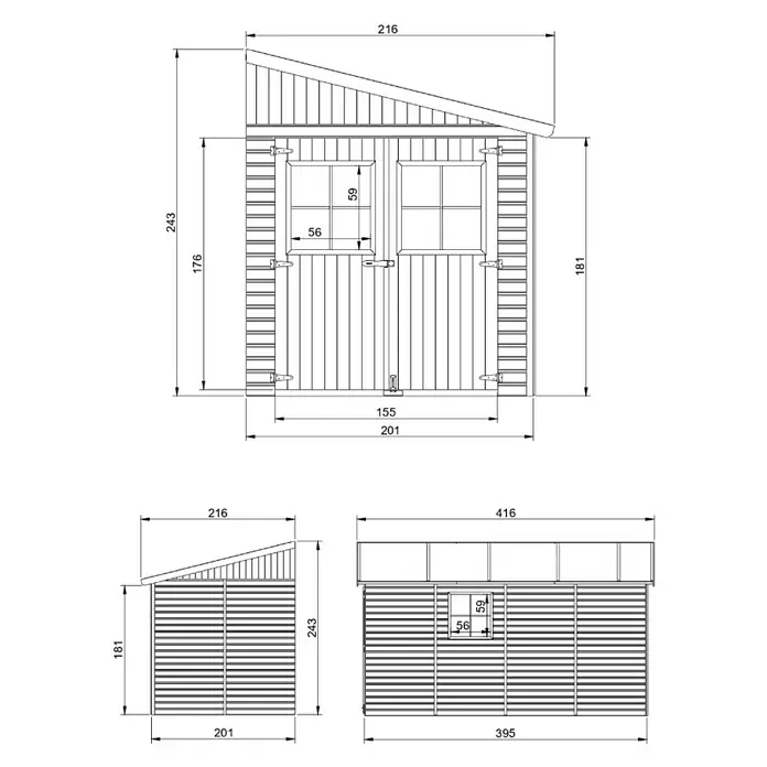 Timbela Gerätehaus M340 - Außenmaß inkl. Dachüberstand (B x T): 216 x 416 cm, Holz, Natur, Ohne Fußboden - Abbildung einer detaillierten technischen Zeichnung eines Gerätehauses mit allen Maßen.
