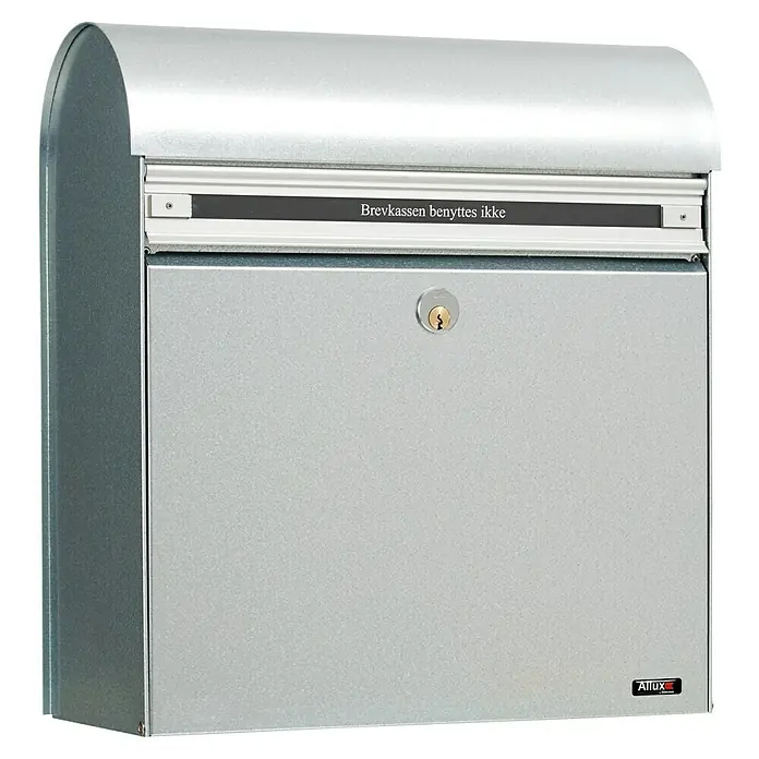 Allux Briefkasten KS200 - L x B x H: 170 x 400 x 445 mm, Silber, Stahl, Namensschild - Ein silberner Allux Briefkasten mit einem Schloss und einem Schild, das besagt: „Briefkasten benyttes ikke“.
