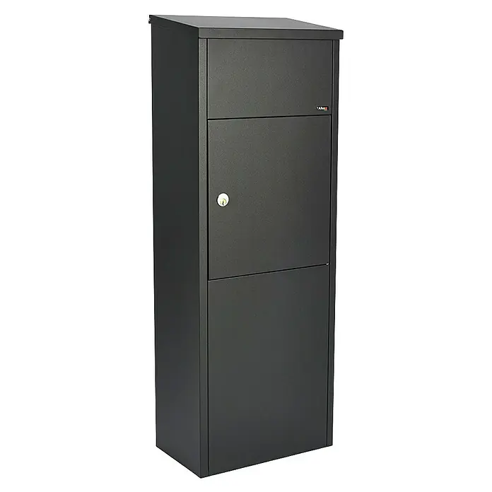 Allux Paketbox 600 - L x B x H: 230 x 380 x 1.050 mm, Schwarz, Stahl, Paketfach, Sicherheitsschloss - Dieser moderne, anthrazitfarbene Briefkasten aus Stahl bietet viel Platz für Post und Pakete. Er ist abschließbar und wetterfest.
