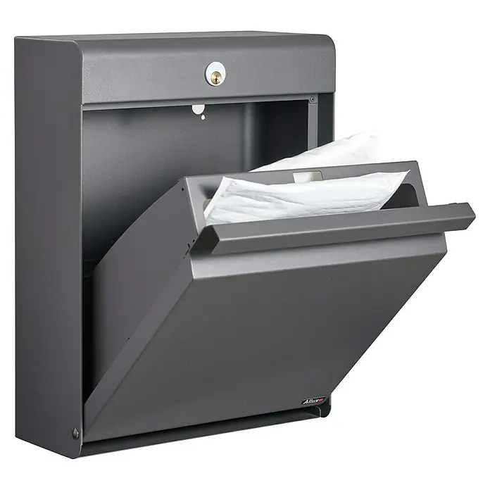 Allux Standbriefkasten Holscher - L x B x H: 175 x 370 x 480 mm, Anthrazit, Stahl - Wandmontierter Abfallbehälter aus grauem Metall mit Schloss und einer offenen Klappe, die den Inhalt zeigt.