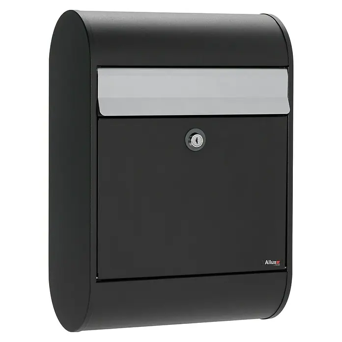 Allux Standbriefkasten 5000 - L x B x H: 160 x 320 x 460 mm, Schwarz / Silber, Stahl - Schwarzer Allux Briefkasten mit einer silbernen Klappe und einem Schloss.