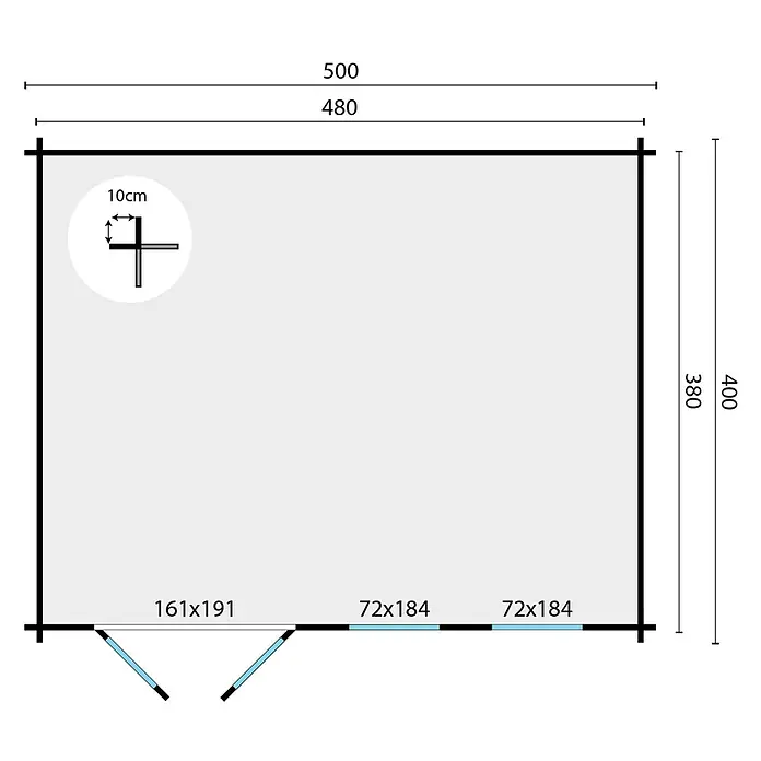 Tuindeco Gartenhaus Mechelen - L x B: 400 x 500 cm, Holz, Natur - Abbildung des Grundrisses eines Gartenhauses mit den Maßen 500x400 cm, Fenster und einer Wandstärke von 10 cm.