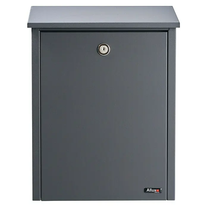 Allux Briefkasten 200 - L x B x H: 140 x 280 x 390 mm, Anthrazit, Stahl - Nahaufnahme eines Allux Briefkastens, der durch sein schlichtes, modernes Design und das integrierte Schloss Sicherheit bietet.