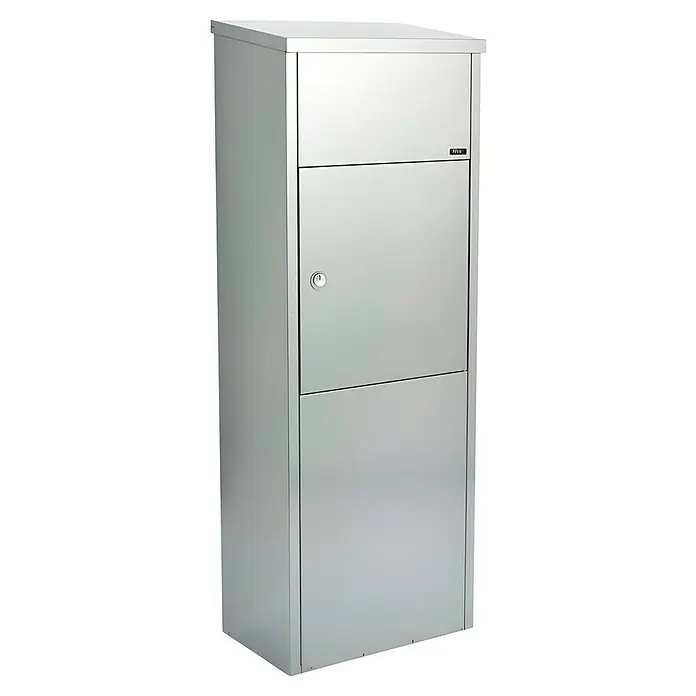 Allux Paketbox 600 - L x B x H: 230 x 380 x 1.050 mm, Silber, Stahl, Zylinderschloss - Bild eines freistehenden Briefkastens aus Metall mit zwei Fächern, einem Schloss und einem kleinen Logo in der oberen Ecke.