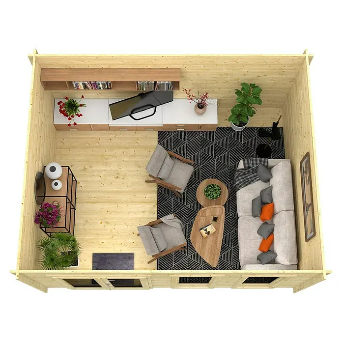 Tuindeco Gartenhaus Mechelen - L x B: 400 x 500 cm, Holz, Natur - Innenansicht eines Wohnzimmers mit hellen Holzwänden, Sofa, Sesseln, TV und Pflanzen. Das Zimmer ist mit einem geometrischen Teppich ausgelegt.