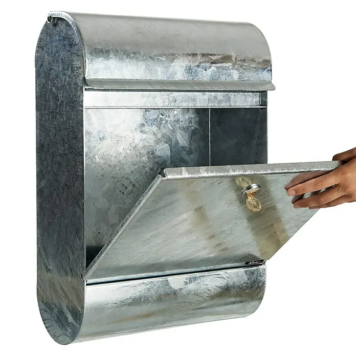 Allux Standbriefkasten 9000 - L x B x H: 165 x 340 x 500 mm, Silber, Stahl - Geöffneter, silberfarbener Briefkasten.