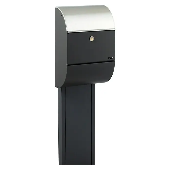 Allux Briefkastenständer 1001 - L x B x H: 55 x 225 x 1.650 mm, Anthrazit, Stahl - Moderner schwarzer Briefkasten mit silbernem Dach und abschließbarer Tür. Das schlichte Design fügt sich nahtlos in jede Hausfassade ein.