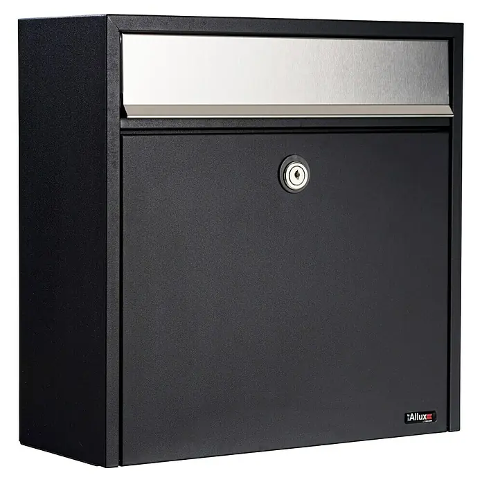 Allux Briefkasten 250 - L x B x H: 150 x 360 x 360 mm, Schwarz, Stahl - Abbildung eines modernen, schwarzen Allux Briefkastens mit einem silbernen oberen Teil, der ein schlichtes und elegantes Design zeigt.