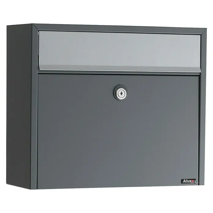 Allux Standbriefkasten LT150 - L x B x H: 150 x 390 x 330 mm, Anthrazit, Stahl - Ein grauer Allux Briefkasten mit einem silbernen Einwurfschlitz und einem Schloss auf der Vorderseite.