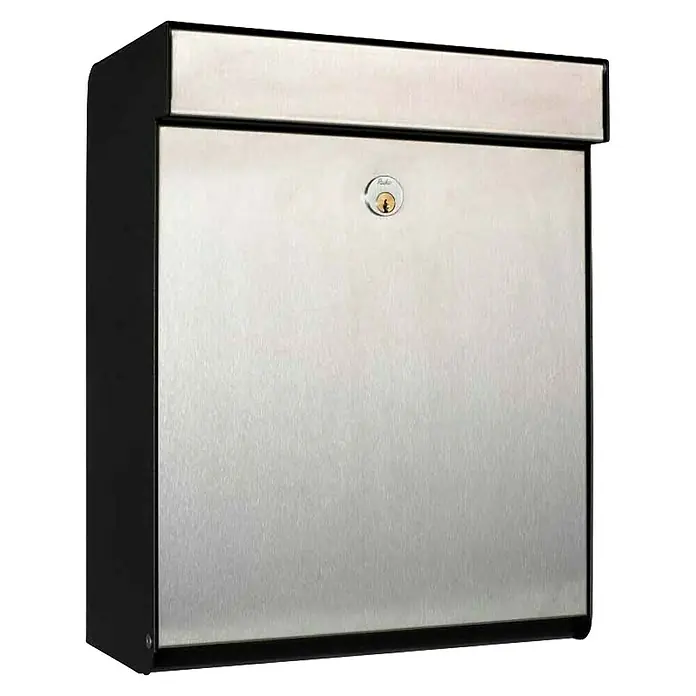 Allux Briefkasten Grundform - L x B x H: 180 x 345 x 440 mm, Schwarz / Silber, Stahl - Das Bild zeigt einen abschließbaren Briefkasten aus Edelstahl mit einem schwarzen Rahmen. Er ist robust und wetterfest.