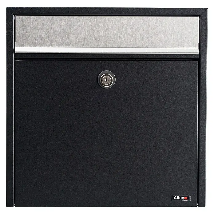 Allux Briefkasten 250 - L x B x H: 150 x 360 x 360 mm, Schwarz, Stahl - Das Bild zeigt einen modernen Allux Briefkasten in Schwarz und Silber, der durch sein schlichtes Design besticht und Sicherheit bietet.