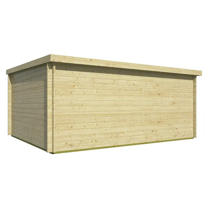 Tuindeco Gartenhaus Mechelen - L x B: 400 x 500 cm, Holz, Natur - Ein rechteckiges Gartenhaus aus hellem Holz mit horizontaler Bretterverkleidung und flachem Dach. Ideal für die Lagerung von Gartengeräten und Werkzeugen.
