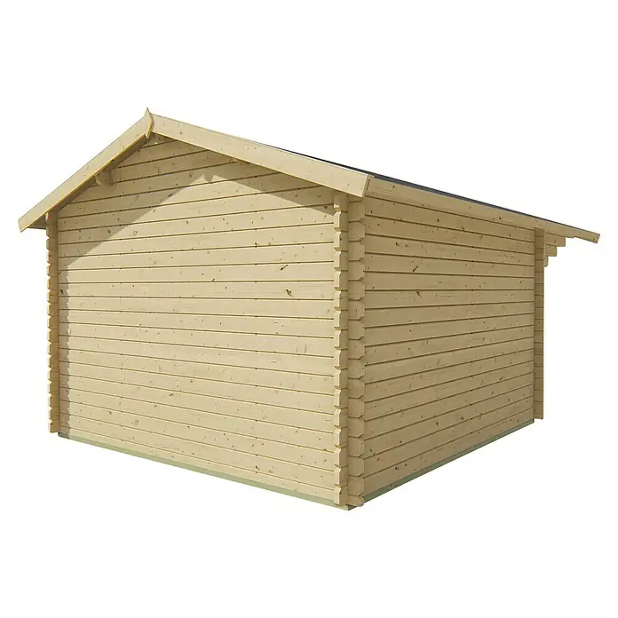 Tuindeco Gartenhaus Malmedy - L x B: 530 x 380 cm, Holz, Natur - Eine Nahaufnahme eines Holzhauses mit einem Giebeldach und horizontalen Holzverkleidungen. Ideal für Garten oder als zusätzlicher Stauraum.