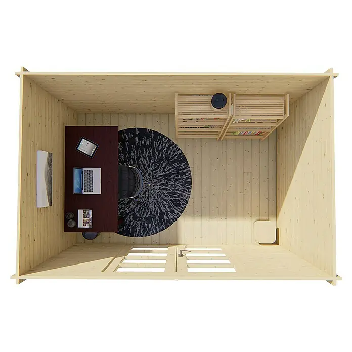 Tuindeco Gartenhaus Nieuwpoort - L x B: 200 x 300 cm, Holz, Natur - Draufsicht auf ein Holzhausbüro mit Schreibtisch, Laptop, Bücherregal und rundem Teppich, das ein gemütliches und produktives Arbeitsumfeld zeigt.
