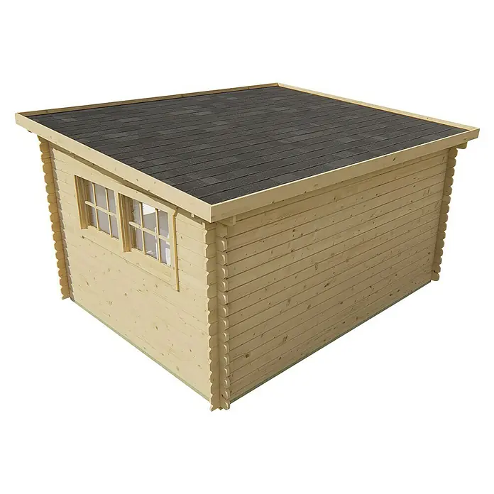 Tuindeco Gartenhaus Geel - L x B: 300 x 380 cm, Holz, Natur - Eine Nahaufnahme eines Holzblockhauses mit einem schwarzen Ziegeldach und einem Fenster. Das Blockhaus ist aus hellem Holz gefertigt.