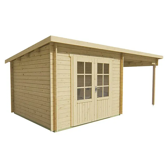 Tuindeco Gartenhaus Moorsele - L x B: 598 x 300 cm, Holz, Natur - Das Bild zeigt ein helles Holzgartenhaus mit Doppeltür und Vordach, ideal für Gartenarbeit und als Stauraum im Freien.