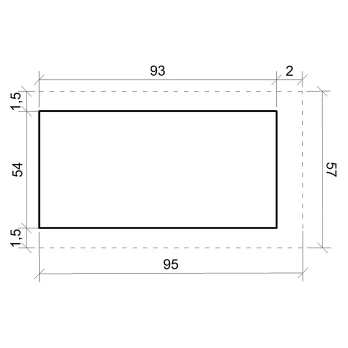 Timbela Hundehütte SMARTSIDE M M971-1 - 93 x 54 x 68 cm - Eine schematische Darstellung eines Rechtecks mit Bemaßungen, die seine Abmessungen und Position relativ zu Hilfslinien zeigen.