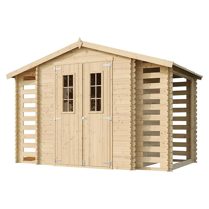 Timbela Gerätehaus M391C - Außenmaß inkl. Dachüberstand (B x T): 328 x 206 cm, Holz, Natur, Ohne Fußboden - Holzgartenhaus mit Doppeltür und Fenstern. Das Haus bietet zusätzlichen Lagerraum für Gartengeräte und -möbel.